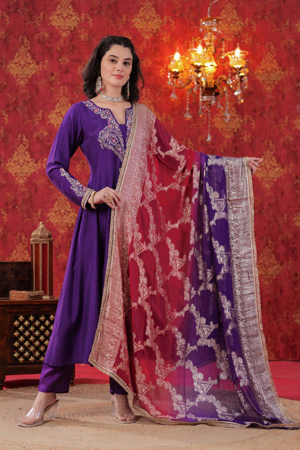 Purple Indira Anarkali Set with Ombre Dupatta