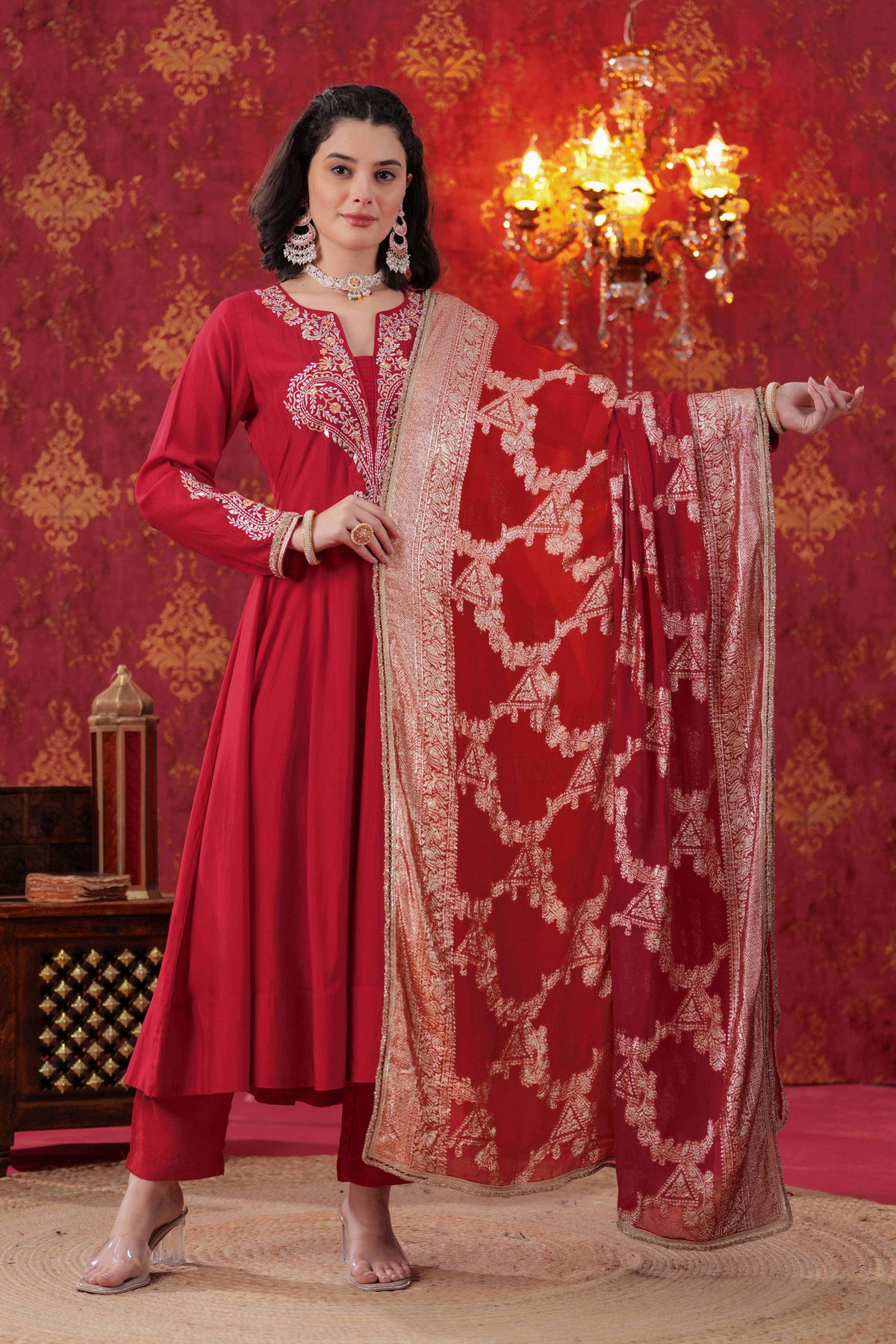 Red Indira Anarkali Set with Ombre Dupatta