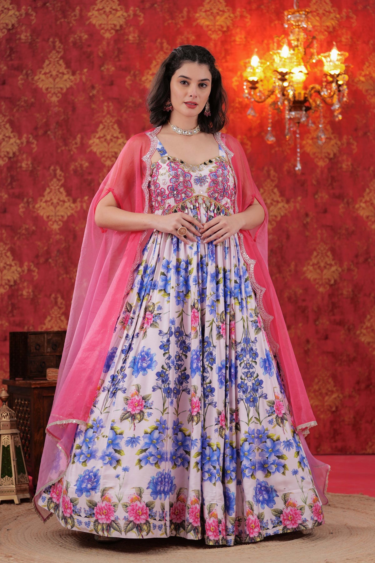 Pink French Peony Cape Floral Printed Gown with Dupatta