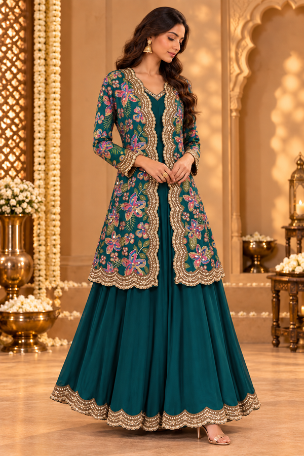 Green Solid Gown with Floral Print Jacket Set