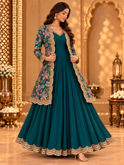 Green Solid Gown with Floral Print Jacket Set