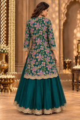 Green Solid Gown with Floral Print Jacket Set