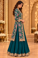 Green Solid Gown with Floral Print Jacket Set