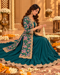 Green Solid Gown with Floral Print Jacket Set