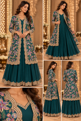 Green Solid Gown with Floral Print Jacket Set