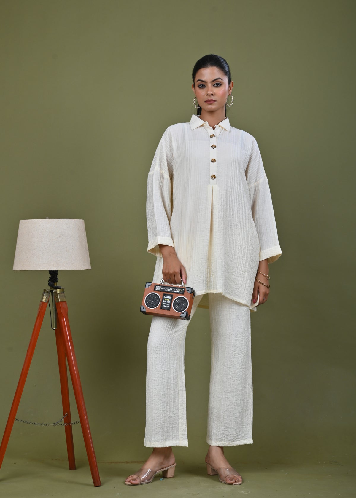 Ivory Silk Crinkle Kaftan Co-ord Set