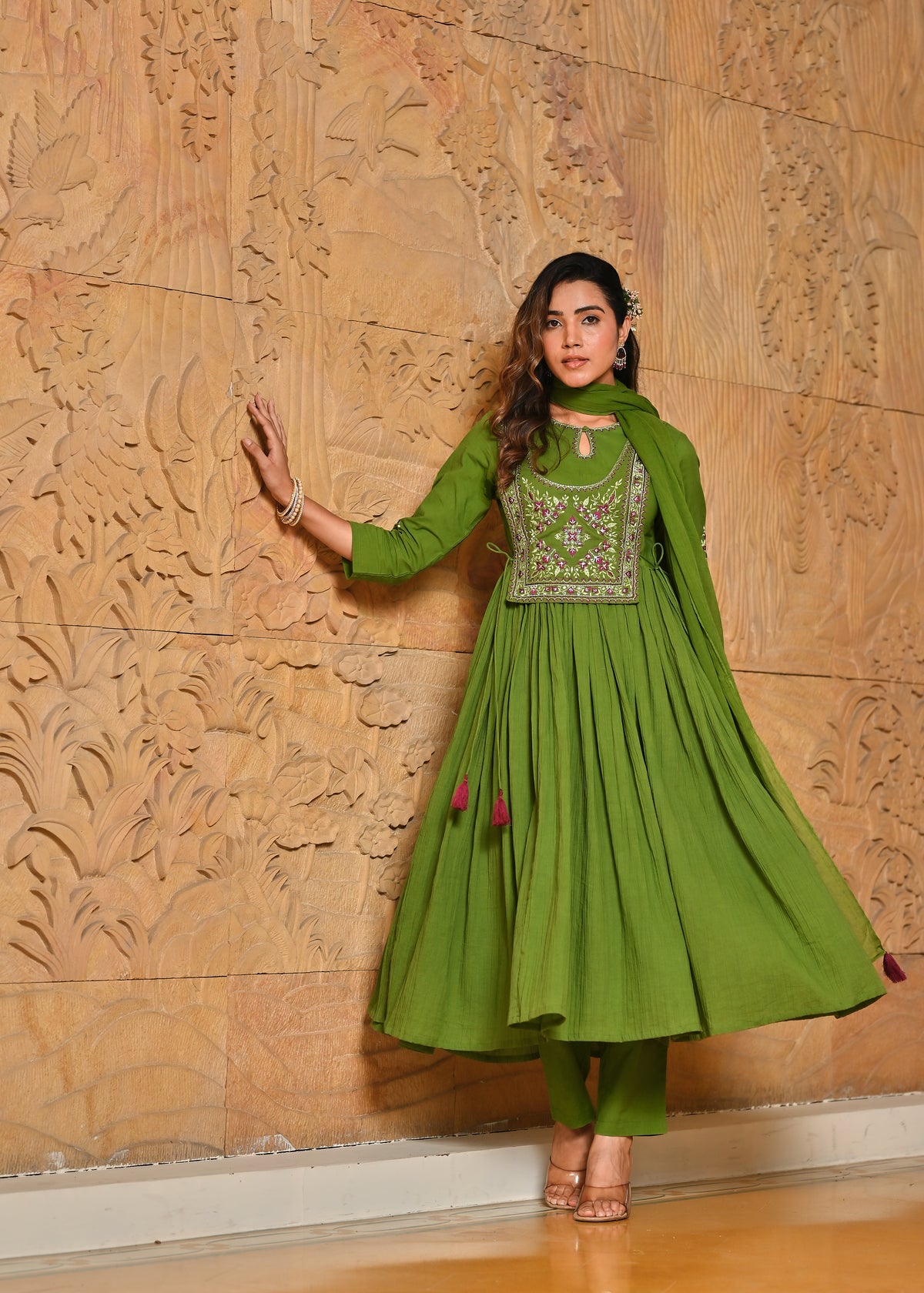 Kai-Green Crinkle Zari Work Anarkali Kurta Dupatta Set