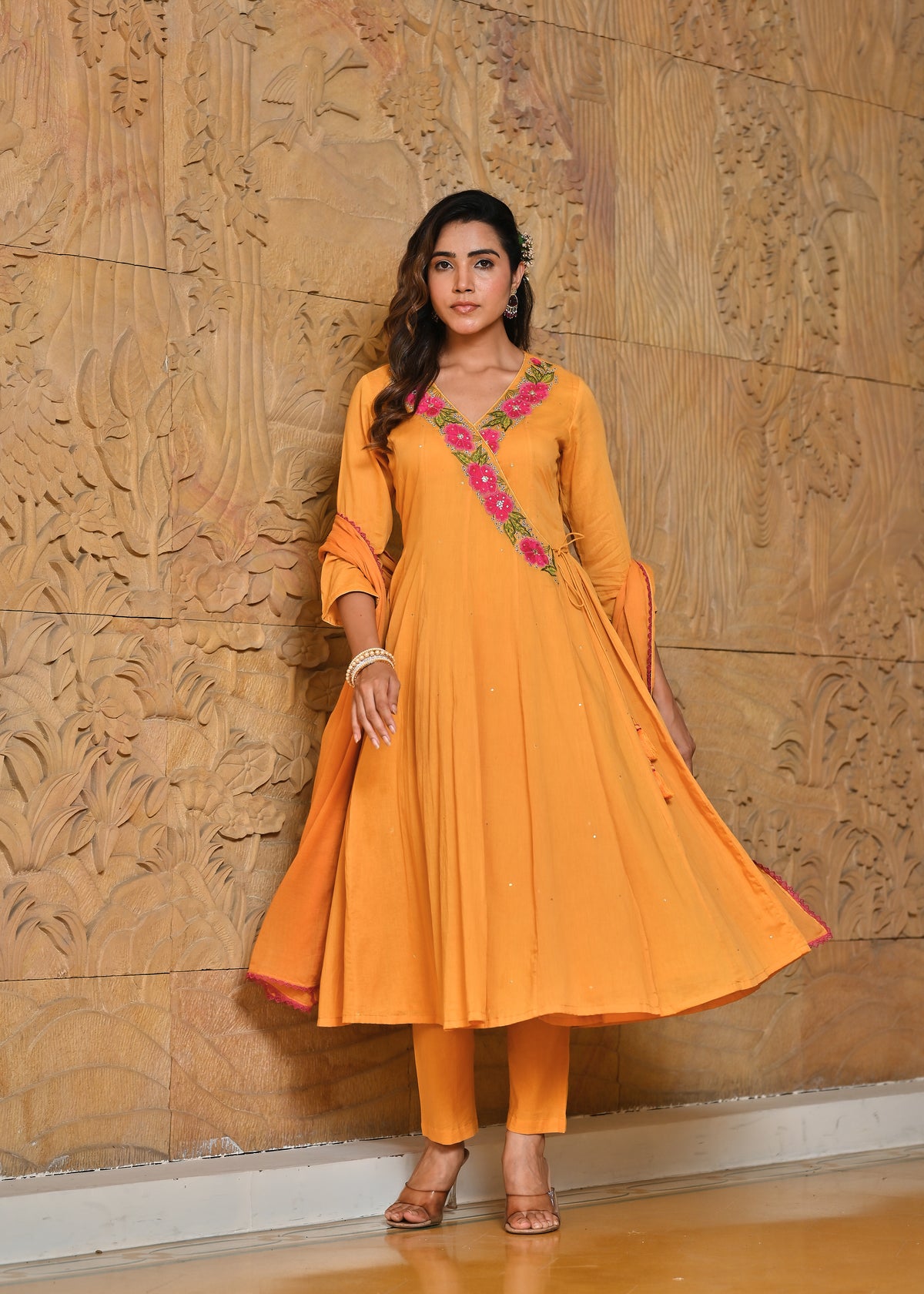Peetambari Yellow Mul Angrakha Anarkali Kurta Dupatta Set