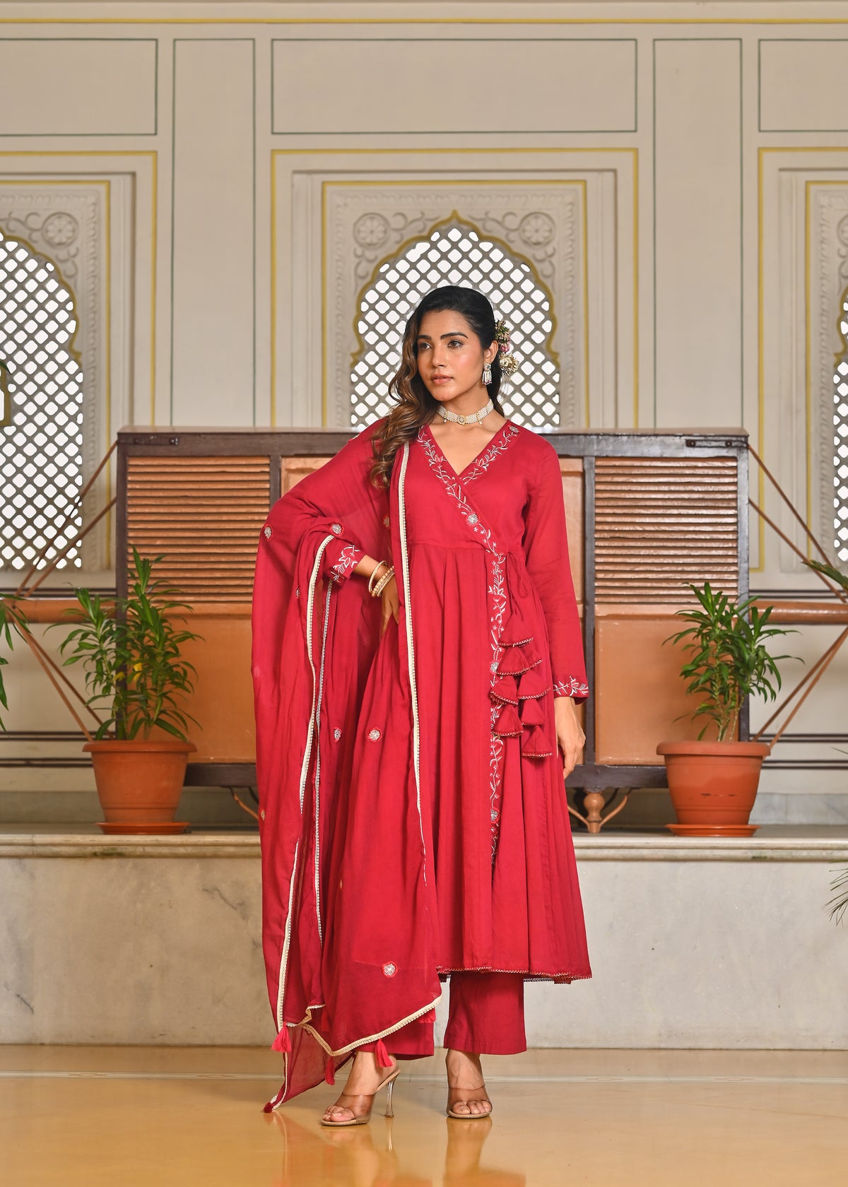Rani Pink Mulmul Angrakha Kurta Dupatta Set