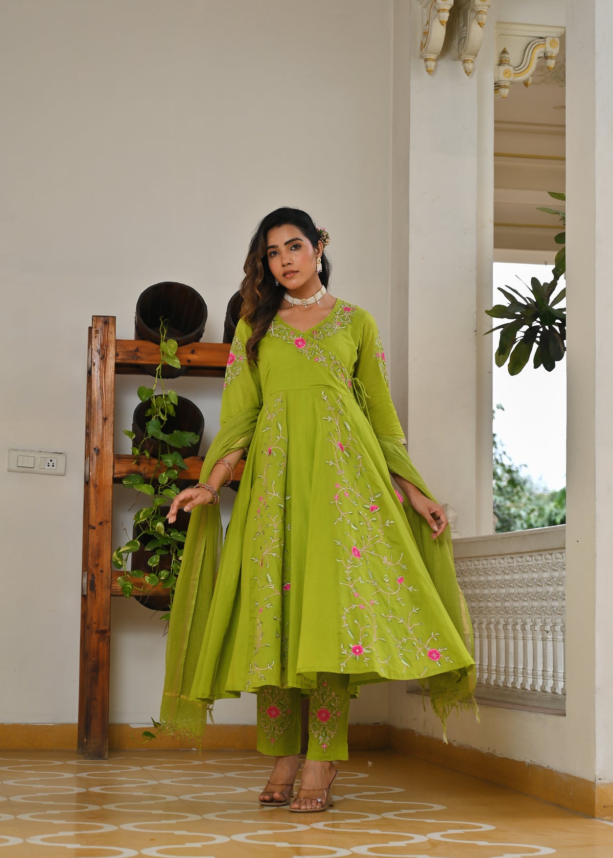 Lime-Green Mul Angrakha Kurta Dupatta Set