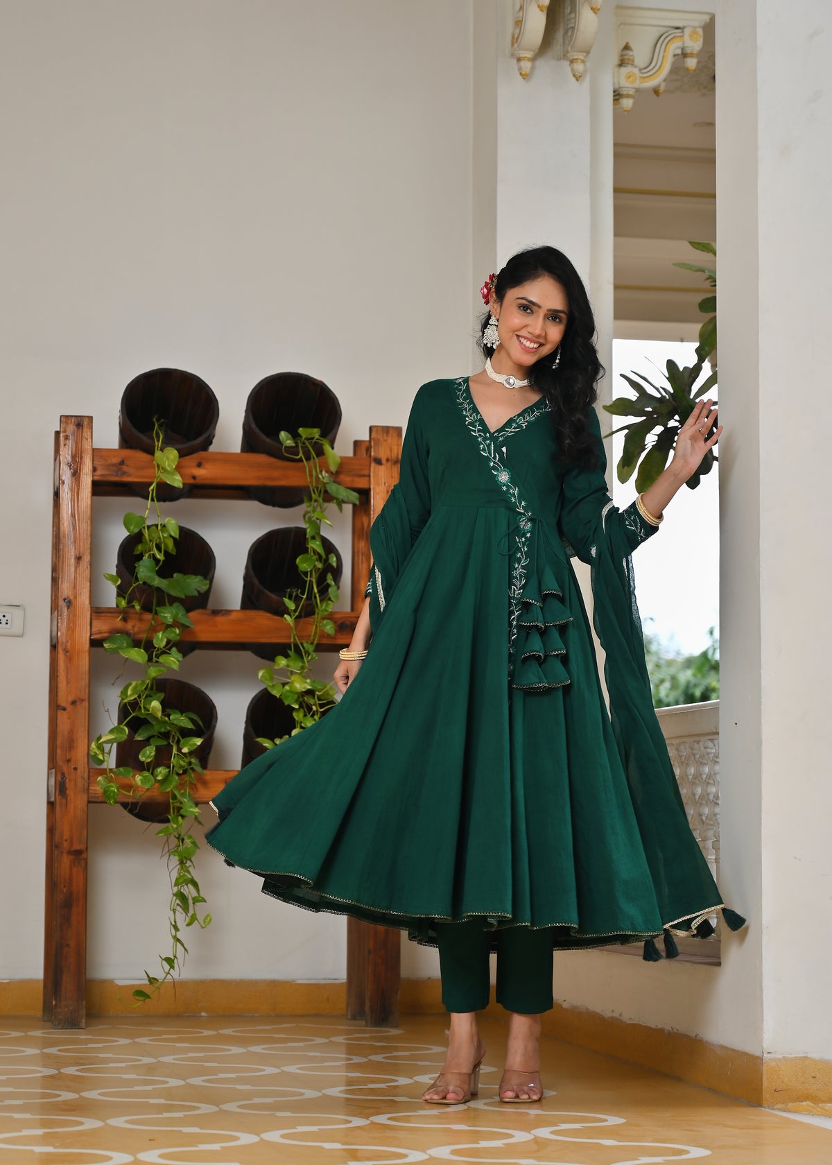 Bottle -Green Mul Angrakha Kurta Dupatta Set