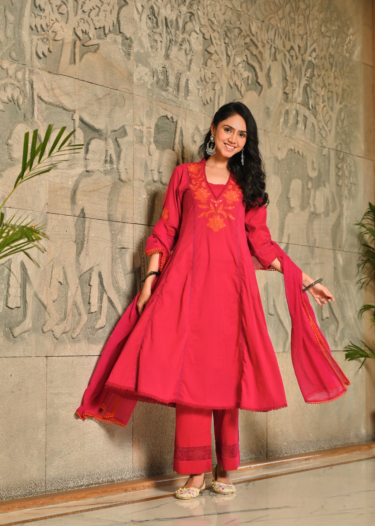 Magenta Applique Work Anarkali Cotton Kurta Dupatta Set