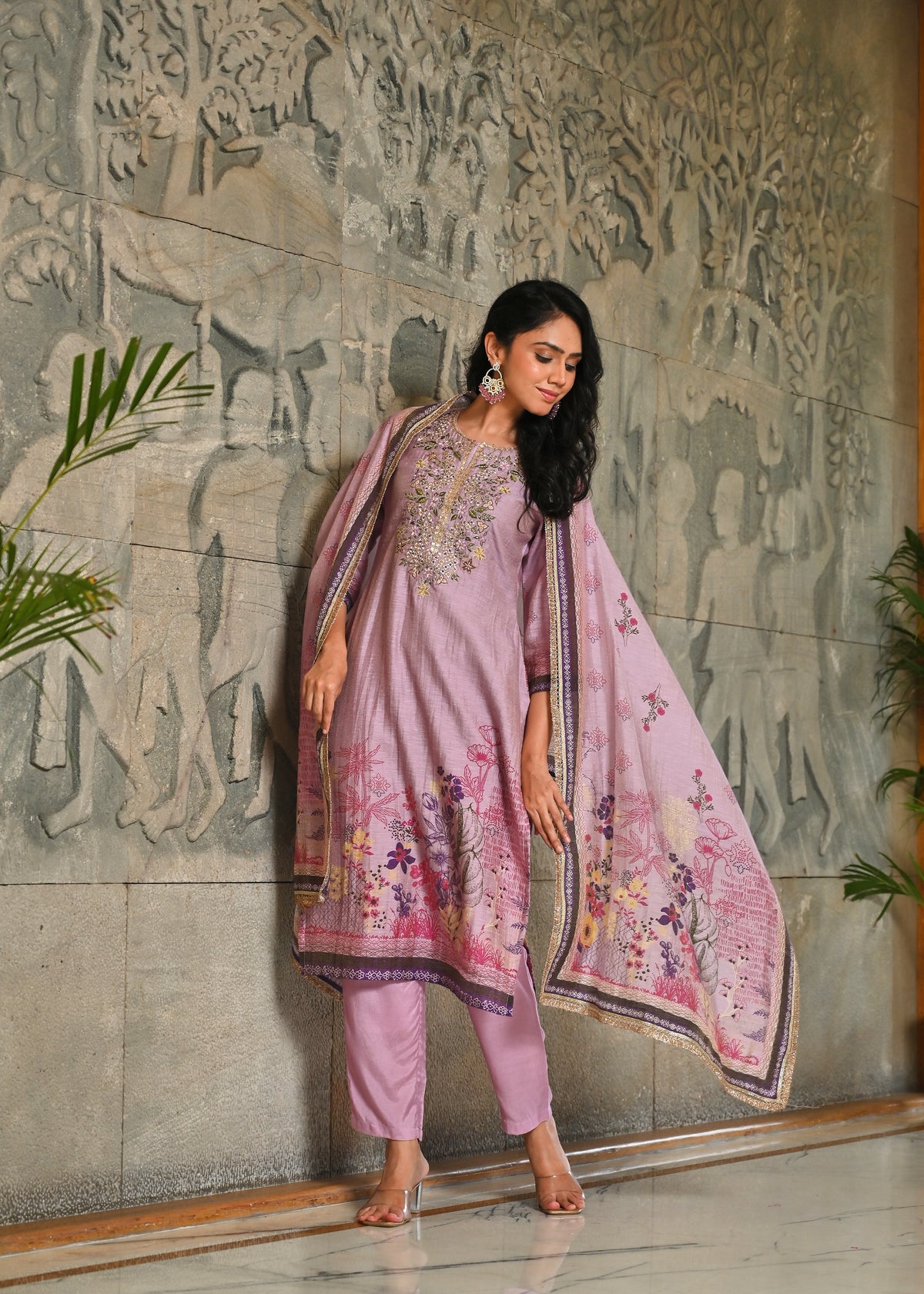 Lavender Zari - Kari & Phool Silk Kurta Dupatta Set