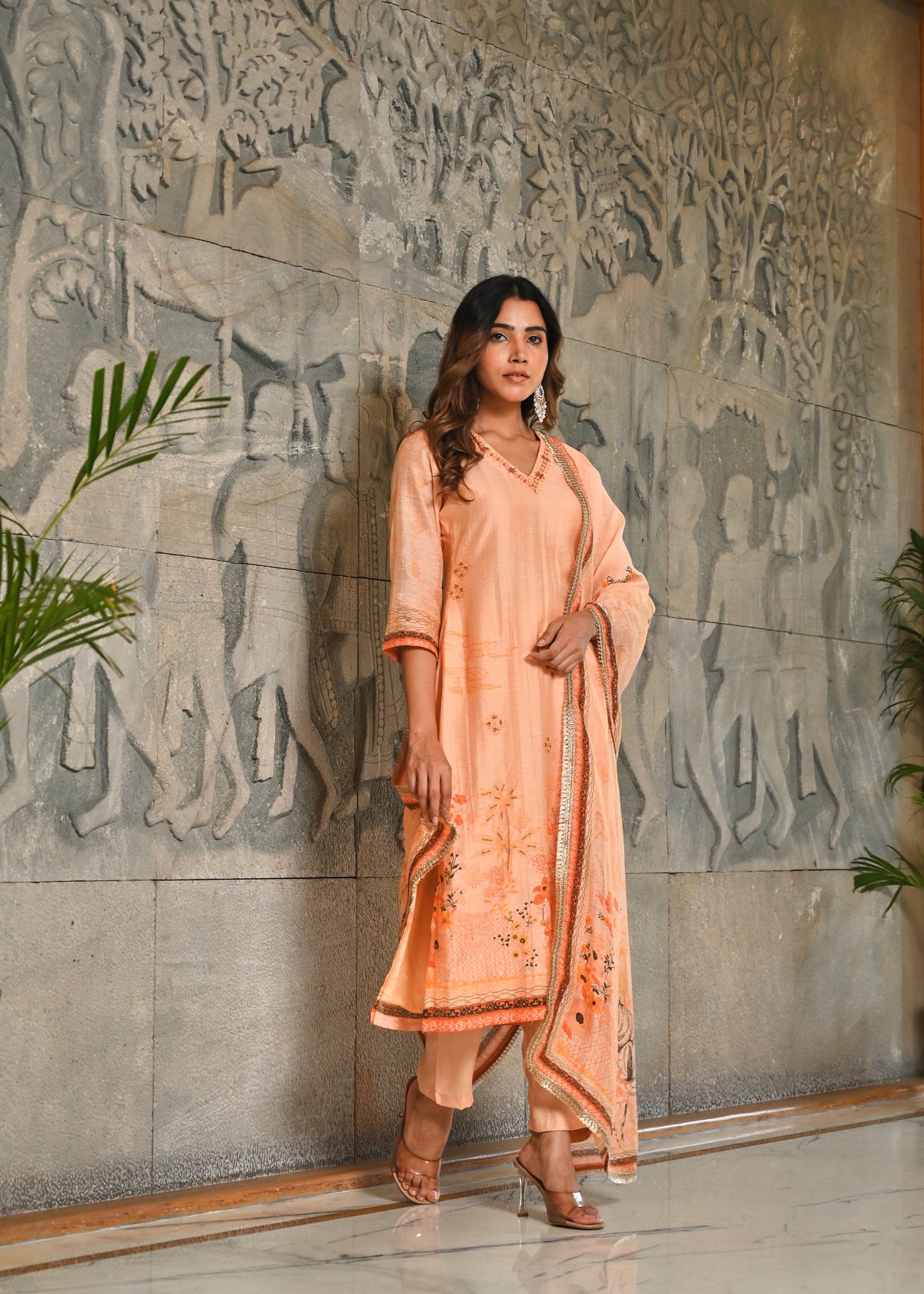 Peach Zari - Kari & Phool  Silk Kurta Dupatta Set