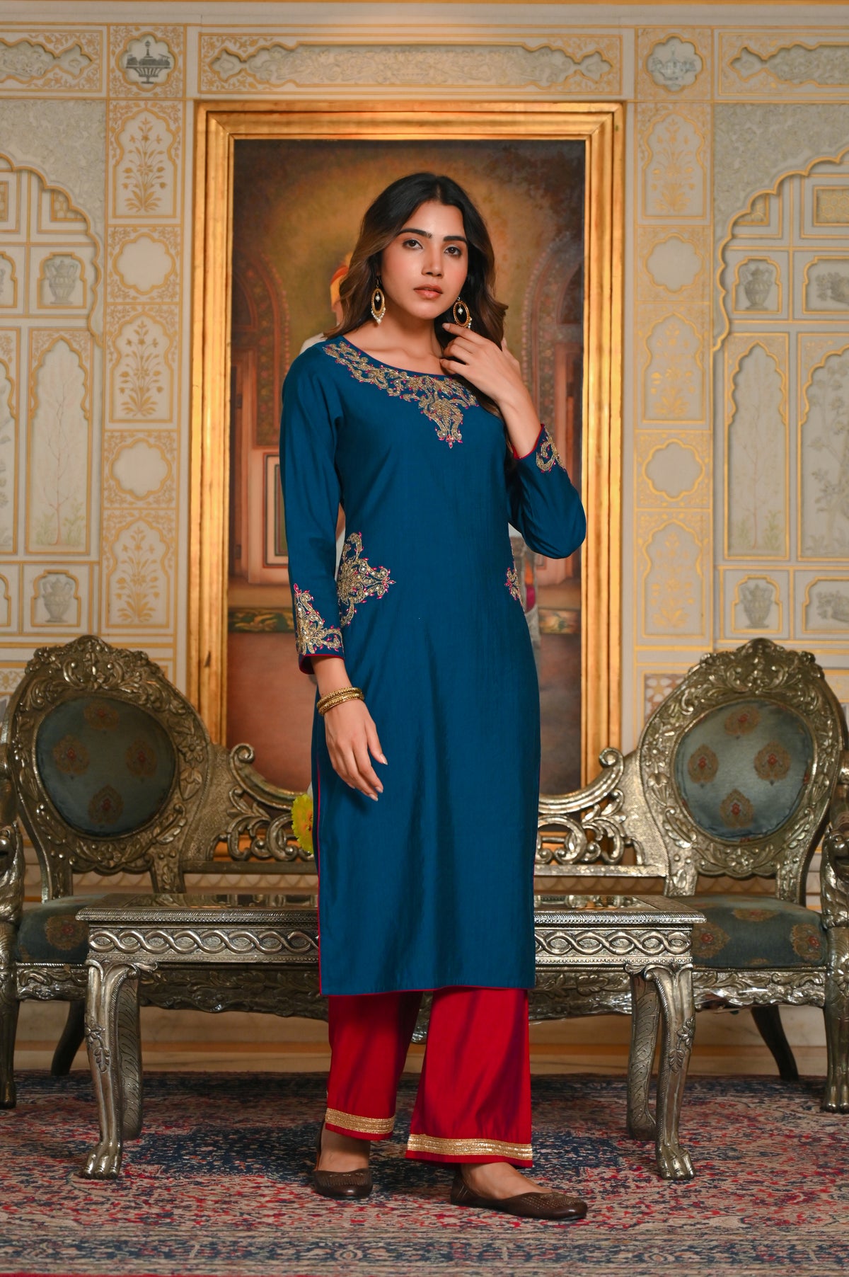 Royal Blue Dori Embroidered Maharani  Kurta Set
