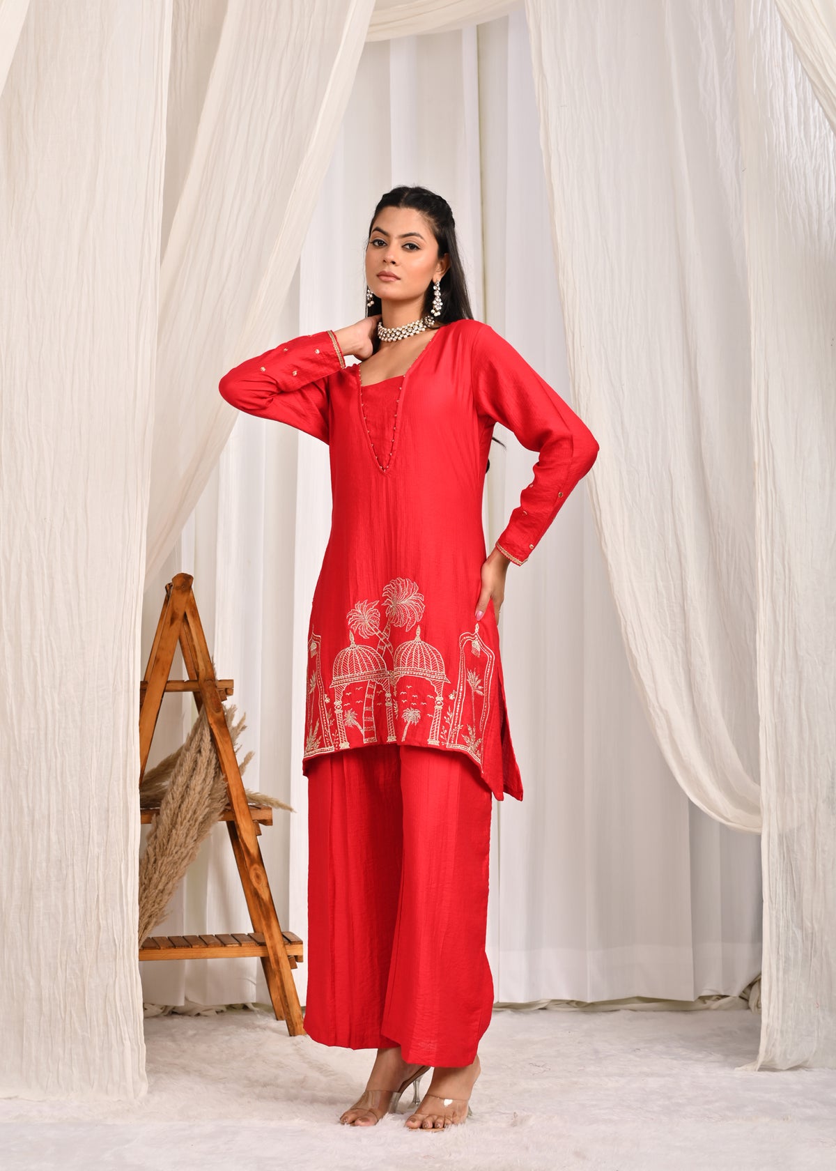 Jag Mag Mahal Embroidered A-Line Co-ord Set-RED