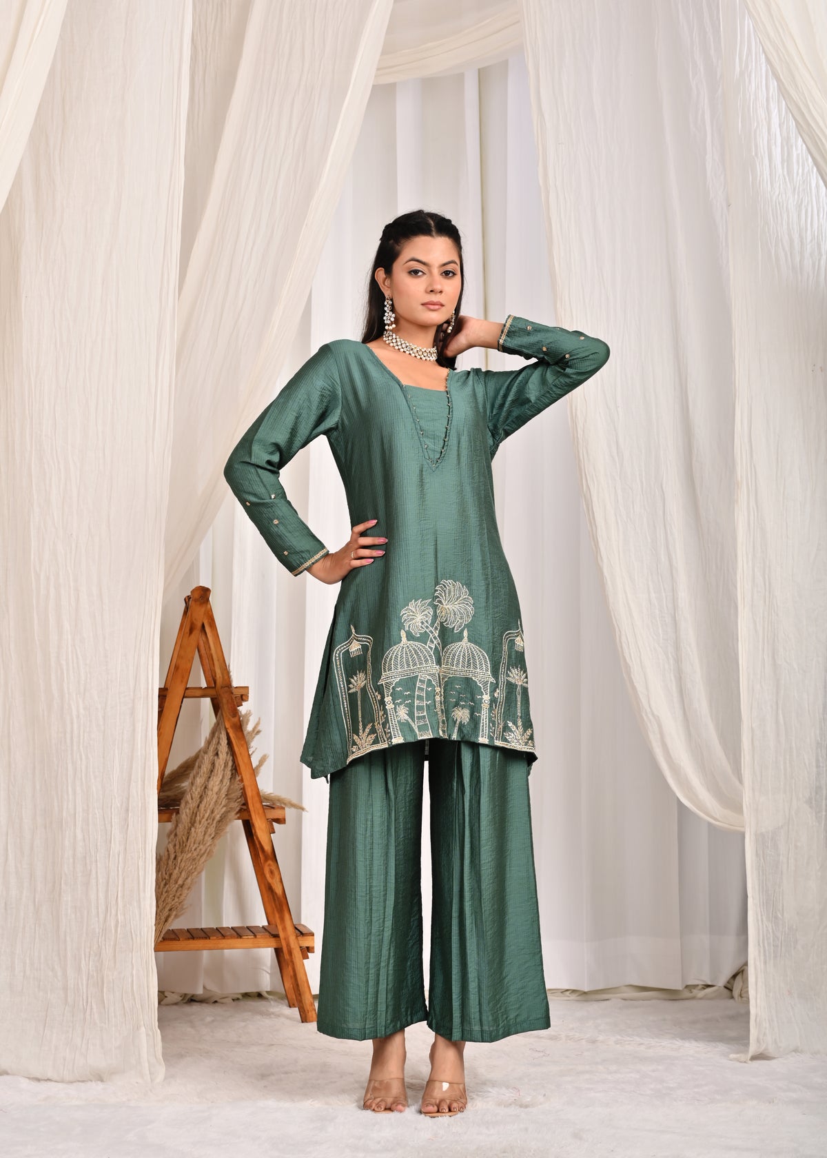 Jag Mag Mahal Embroidered A-Line Co-ord Set-Sage Green