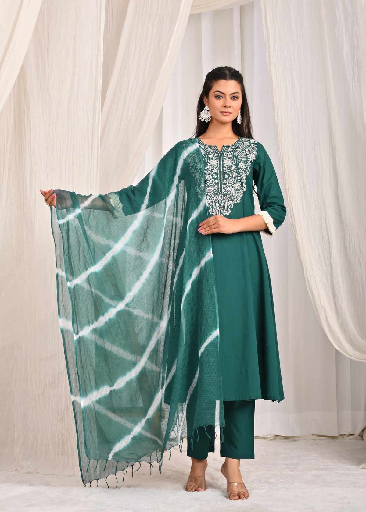 Samrag Embroidered A-Line Kurta Set with Leheriya Dupatta