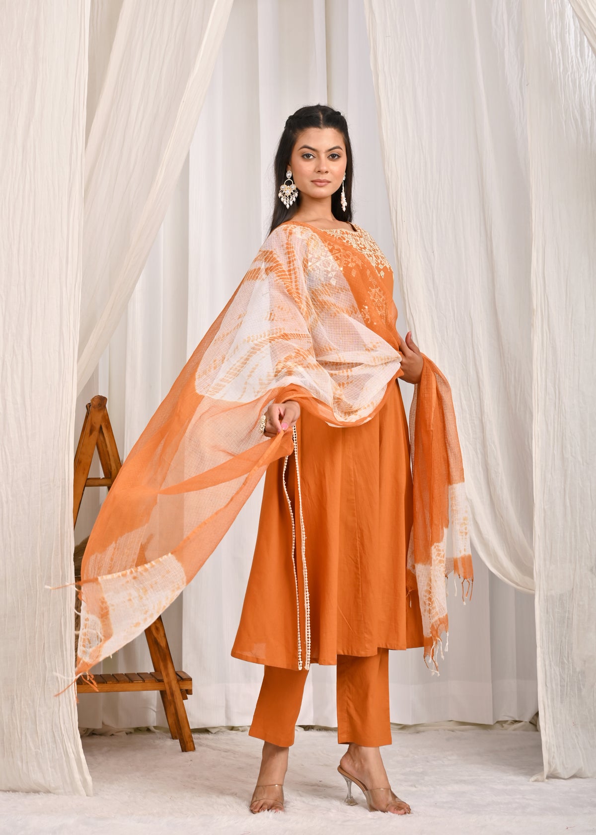 Saffron Yellow Embroidered A-Line Kurta Set with Bandhej Dupatta
