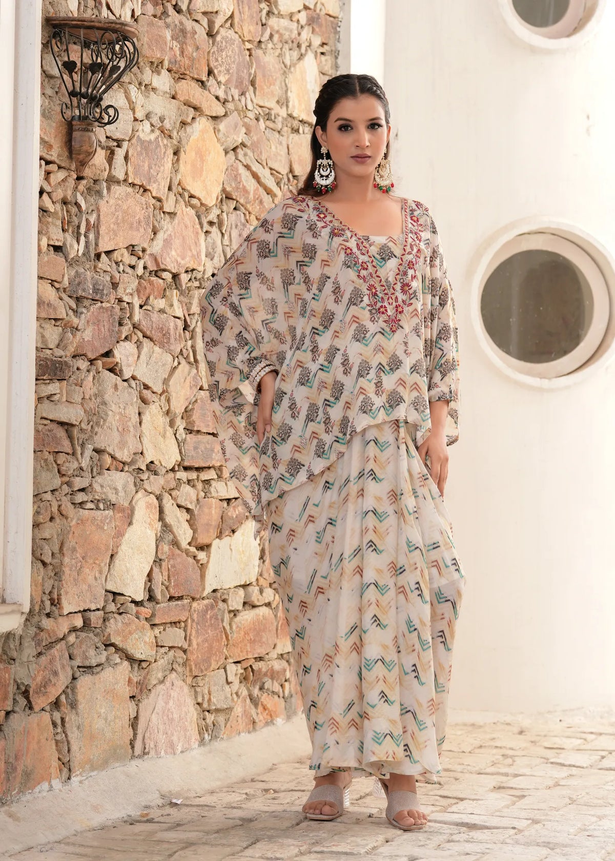 Ivory Zardozi Embroidered Kaftan Draped Skirt Fusion Set