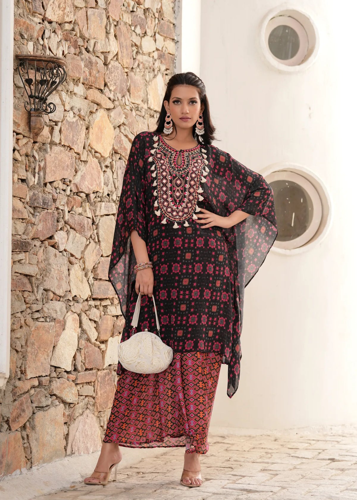 Gypsy & Boho Embroidered Black Kaftan Draped Skirt Fusion Set