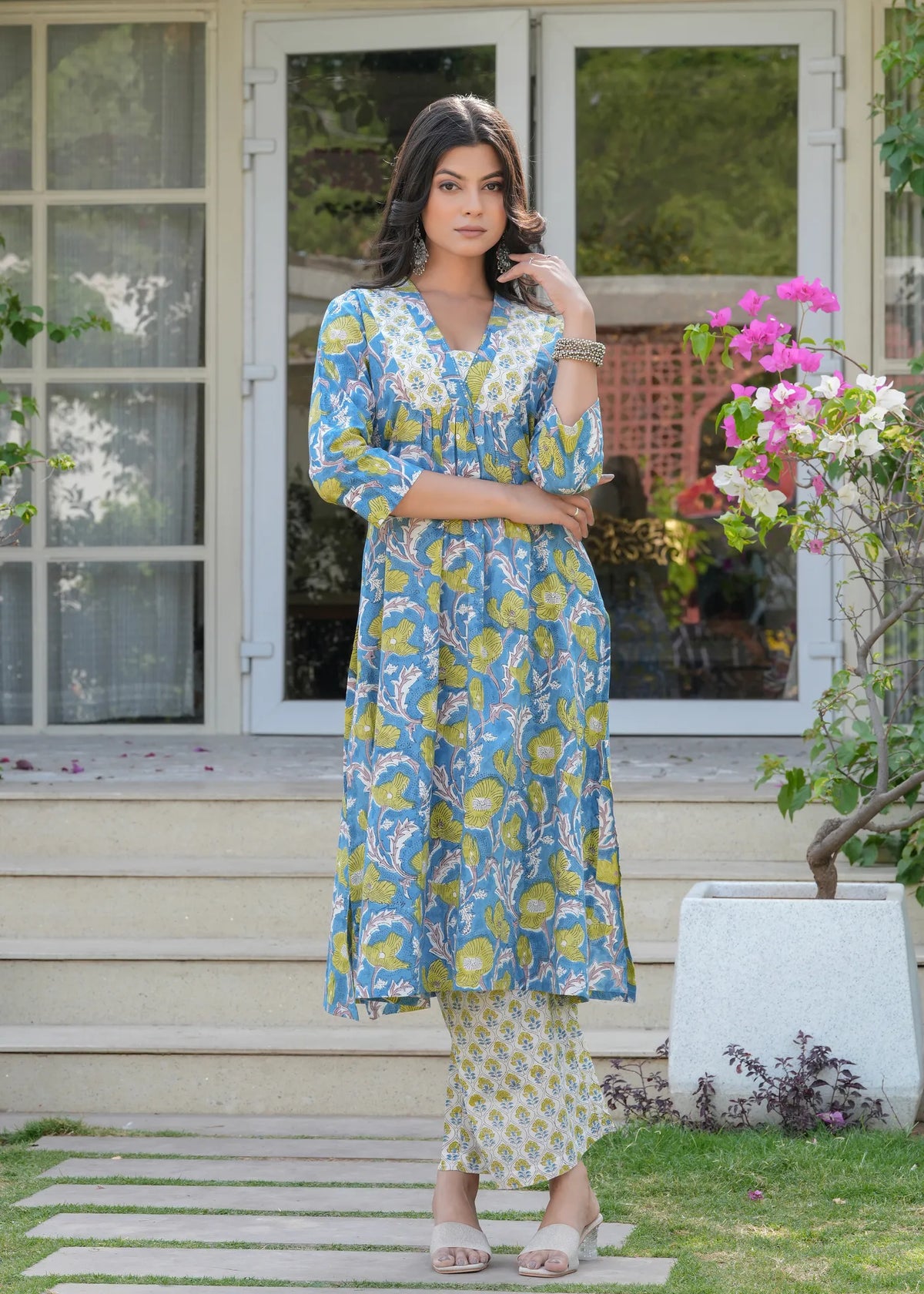 Aqua Floral Hand Blocked A-Line Kurta Set