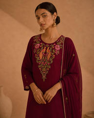 Maroon Pure Muslin Resham Embroidered A- Line Kurta Set