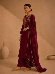 Maroon Pure Muslin Resham Embroidered A- Line Kurta Set