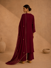 Maroon Pure Muslin Resham Embroidered A- Line Kurta Set