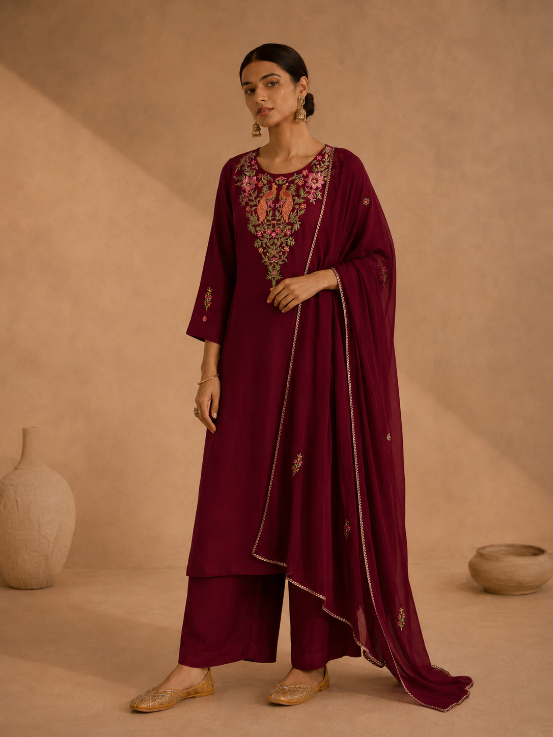 Maroon Pure Muslin Resham Embroidered A- Line Kurta Set