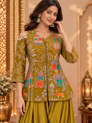 Mustard Yellow Embroidered Short Kurti with Draped pant Fusion Set
