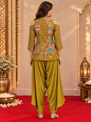 Mustard Yellow Embroidered Short Kurti with Draped pant Fusion Set