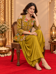 Mustard Yellow Embroidered Short Kurti with Draped pant Fusion Set