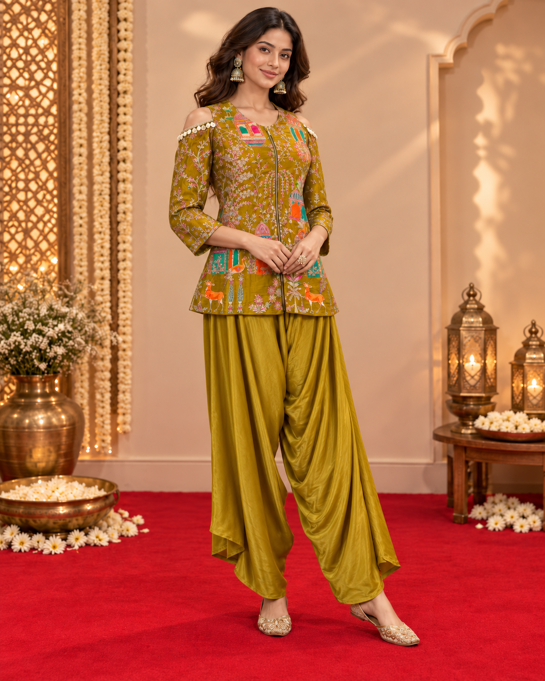 Mustard Yellow Embroidered Short Kurti with Draped pant Fusion Set