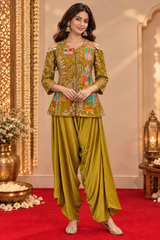 Mustard Yellow Embroidered Short Kurti with Draped pant Fusion Set
