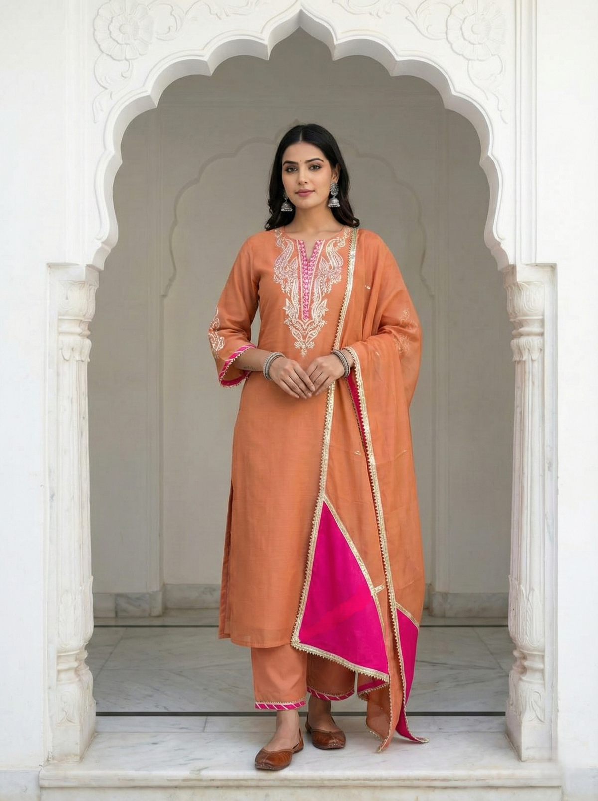 Peach Mal Chanderi Gota Embroidered A-Line Suit Set