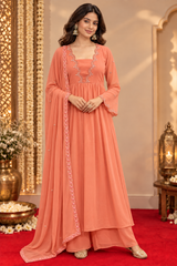 Peach Georgette A-Line Gathered Kurta Dupatta Set