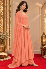 Peach Georgette A-Line Gathered Kurta Dupatta Set