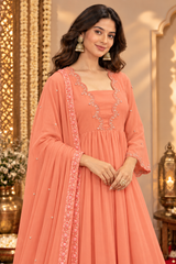 Peach Georgette A-Line Gathered Kurta Dupatta Set