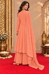 Peach Georgette A-Line Gathered Kurta Dupatta Set