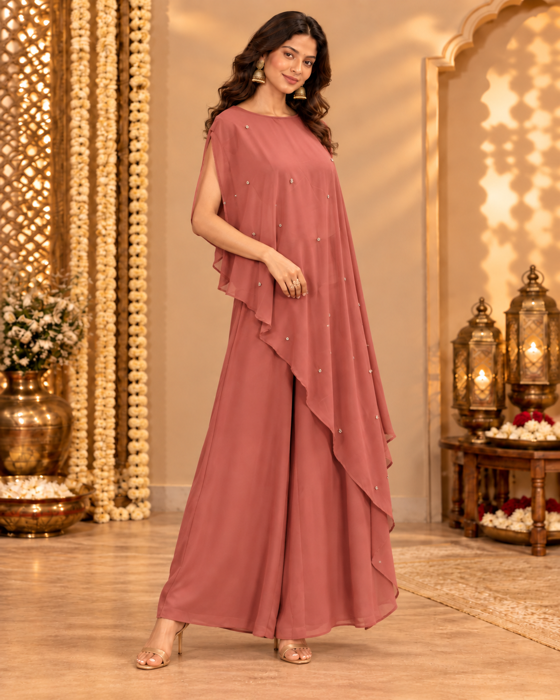 Peach Georgette Asymmetrical Fusion Coord Set