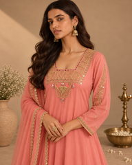 Pink Mirror Work Anarkali Set with Organza Dupatta
