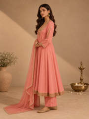 Pink Mirror Work Anarkali Set with Organza Dupatta