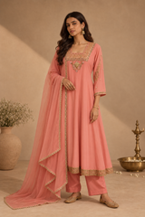 Pink Mirror Work Anarkali Set with Organza Dupatta