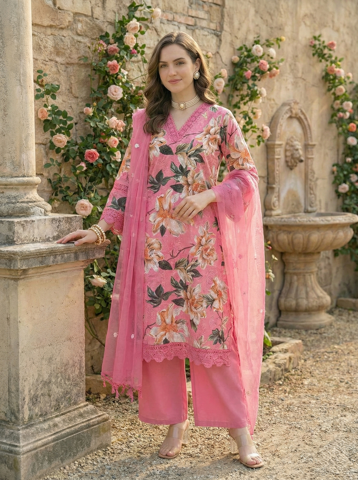 Pink Cotton Schiffli Printed Suit Set