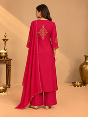 Rani Pink Pure Mul Chanderi Dori Work A-Line Kurta Set