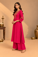 Rani Pink Pure Mul Chanderi Dori Work A-Line Kurta Set