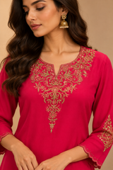 Rani Pink Pure Mul Chanderi Dori Work A-Line Kurta Set