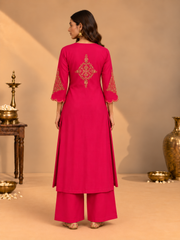 Rani Pink Pure Mul Chanderi Dori Work A-Line Kurta Set