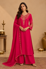 Rani Pink Pure Mul Chanderi Dori Work A-Line Kurta Set